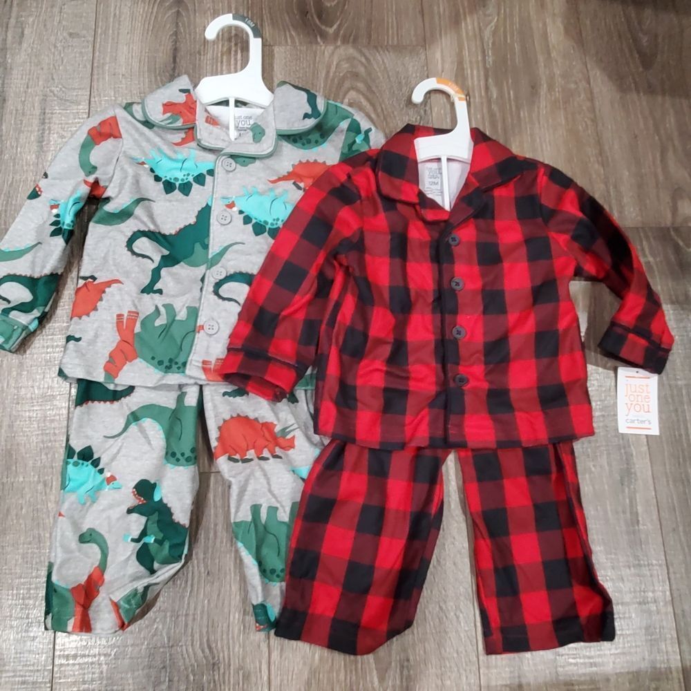 NEW Baby Pajama Sets Size 12M Cozy Dinosaur and Plaid Pjs 4 Pieces, 2 Sets